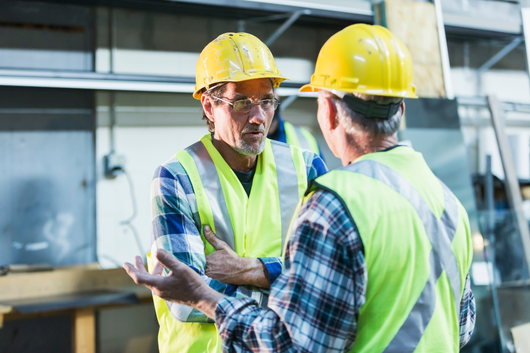 Two workers in hard hats having a discussion about the safety of their colleagues and discussing the importance of jhsc
