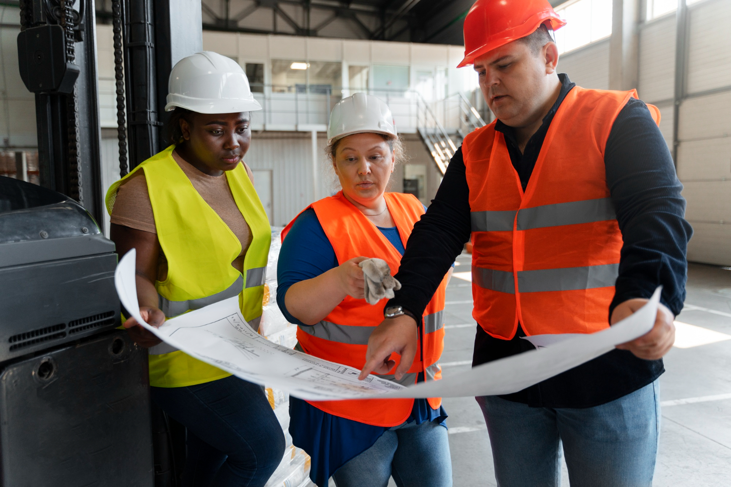 Workers reviewing a project plan - safety audits in Ontario, Canada